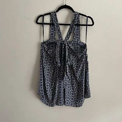 Blusa sin mangas W By Worth para mujer talla 10 azul marino/blanco 100 % seda con corbata frontal Foto 1 de 4