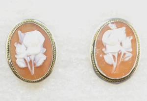 VTG STERLING SILVER CARVED SHELL FLOWER CAMEO SCREW BACK EARRINGS ORIG BOX ITALY - Picture 1 of 1
