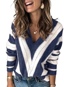 Asvivid Womens Sweaters Long Sleeve V Neck Color Block Striped Sweaters - Picture 1 of 6