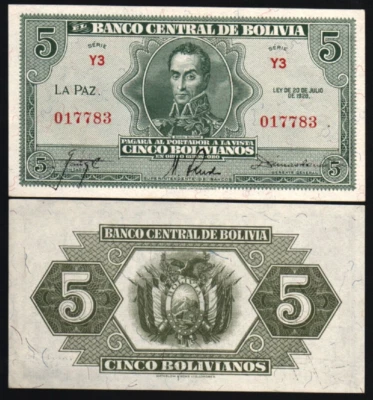 Bolivia 5 BOLIVIANO P-129 1928 SIMON BOLIVAR UNC W&S World Currency Money NOTE - Image 1 of 4
