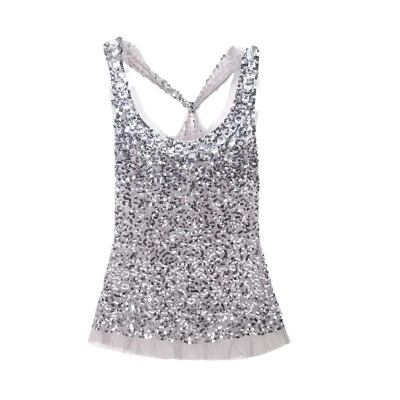 Lipstick Vintage Tank Top Womens Small Sequin Gemstones Stretch Sexy Silver Y2K - Image 1 of 4