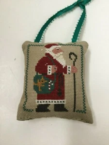 Handmade Petit Point Needlepoint Ornament Santa Claus Walking Cane Beige Red - Picture 1 of 5