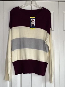 Lucky Brand Sweater Women's Burgandy White Gray Stripe Color Block Sz S NWT - Picture 1 of 6