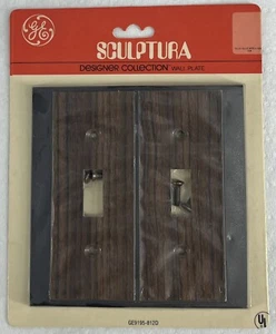 New Old Stock MCM GE SCULPTURA Dual Light Switch Wall Plate Dark Brown Woodgrain - Picture 1 of 5