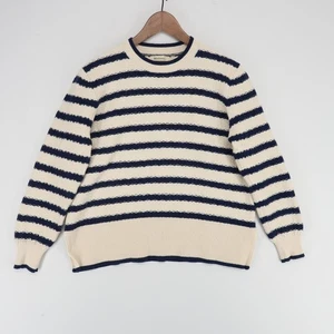 Woolovers Sweater Womens L Cream Navy Blue Striped Crew Neck Knit Wool Blend - Picture 1 of 9