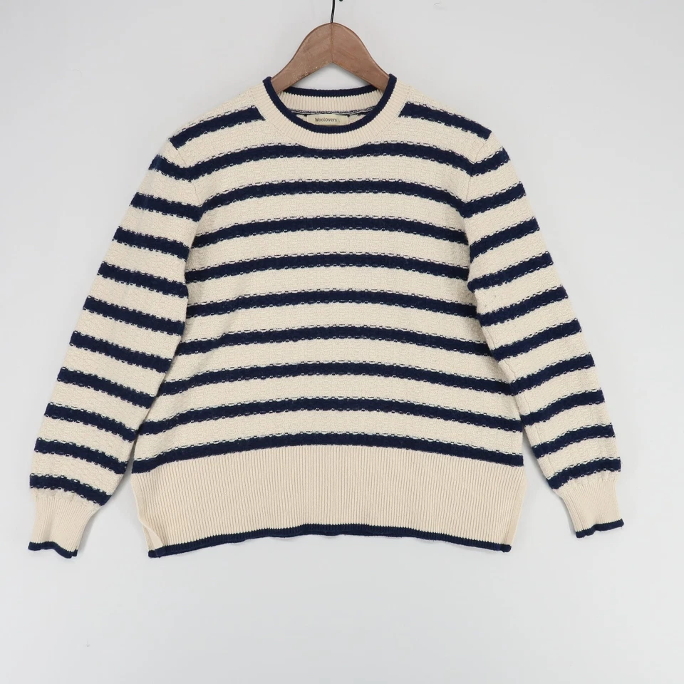 Woolovers Sweater Womens L Cream Navy Blue Striped Crew Neck Knit Wool Blend - Image 1 of 4