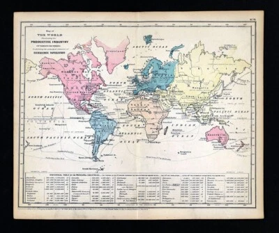 Mapa Mundial Colton 1855 Industria Productiva Agricultura Café Algodón Oro Diamante Foto 1 de 3