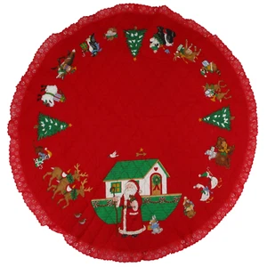 37" Tablecloth Christmas Tree Skirt Santa Noahs Ark Quilted Red Hand Lace Ruffle - Picture 1 of 4