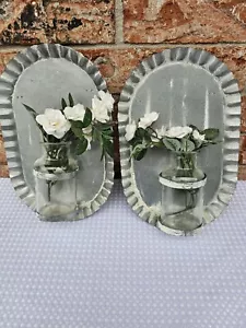 Pair of Decorative Metal Wall Hanger With Glass Vase Galvanized  Farmhouse  Home - Picture 1 of 5