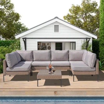 Juego de muebles de patio de exterior de 7 piezas, muebles seccionales de exterior, sillas de ratán Foto 1 de 4