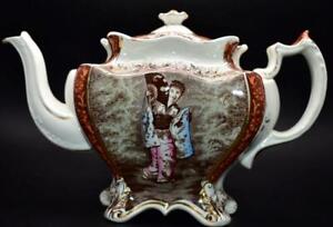 Large English Aesthetic Movement Porcelain Teapot Japanese Geisha with Fan