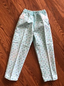 VINTAGE ELASTIC WAIST LITTLE GIRLS BLUE WITH FLOWERED PANTS lace pockets SIZE 5 - Picture 1 of 6