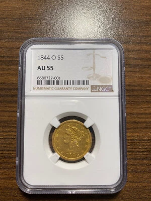 1844-O Liberty Head Gold Five Dollar Half Eagle $5 NGC AU 55 Type 1, No Motto - Image 1 of 4