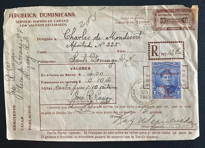 1935 Higuey Dominican Republic Values Receipt Cover To Santo Domingo - Image 1 of 2