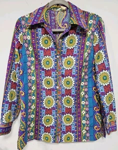 70s Alex Coleman Psychedelic Paisley Button Down Shirt Blouse Large - Picture 1 of 7