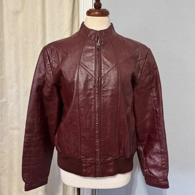 80 年代 Wilsons 麂皮和皮革勃艮第轰炸机夹克真皮女式 M 40 — 第 1/4 张图片