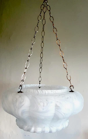 Art Deco Large White & Grey Glass Flycatcher Bowl Light Shade Hooks & Chains Cover