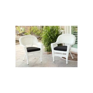 Jeco Wicker Chair with Black Cushion - Set of 2 White Covered - Picture 1 of 1