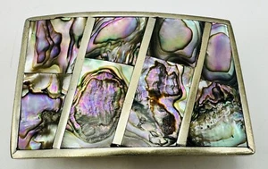 Vintage Estate Mexico Abalone Inlay Silver Belt Buckle - Picture 1 of 8