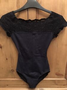 Black Dance Leotard With Lace Edging Across Top Front, Back & Shoulders - Size 4