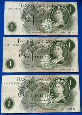 3x 1963 Bank of England Elizabeth II £1 One Pound Banknotes, Hollom      [32686] - Image 1 of 2