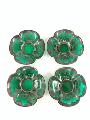 Juego de 4 placas de cristal verde vintage con trabajo plateado Foto 1 de 4
