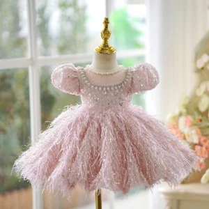 UK Baby Girls Luxury Handmade Sequined Pearls Birthday Party Fancy Wedding Dress - Picture 1 of 20