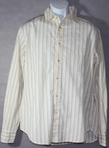 Mens ELIE TAHARI Sz MEDIUM Beige White STRIPED L/S Casual BUTTON UP DRESS SHIRT - Picture 1 of 6