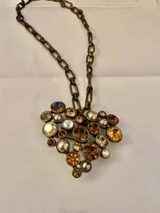 GORGEOUS 50's 5.5CM WIDE HEART SHAPED AURORA BOREALIS CRYSTAL & PEARL NECKLACE - Picture 1 of 8