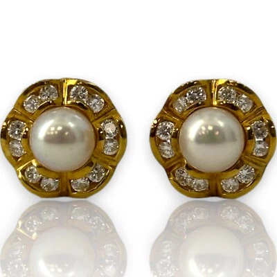 Vintage 1980s 18k Yellow Gold Tiffany & Co Pearl Diamond Stud Earrings - Image 1 of 4