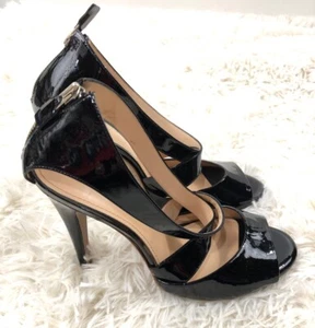 Theory Women's Size 39 Strap Platform 4 Inch Heel Black Shiny Zipper 9 Leather - Picture 1 of 11
