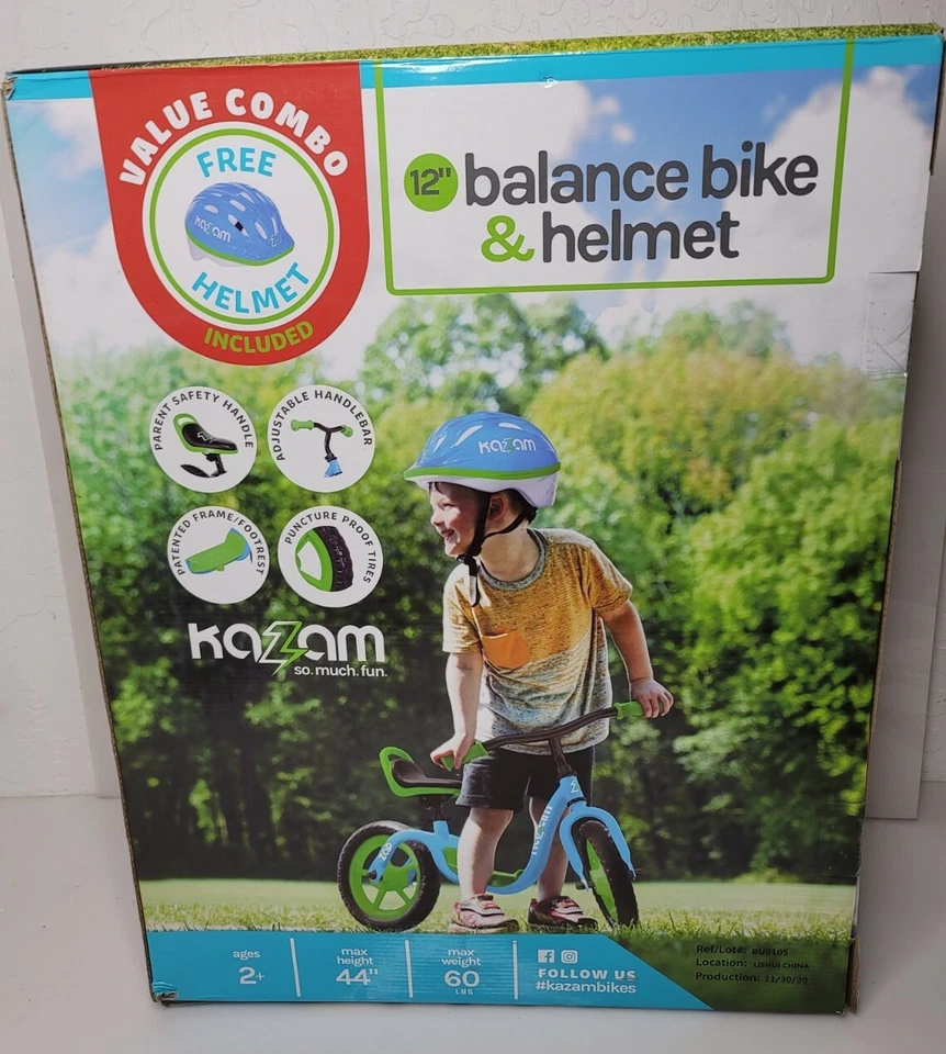 Kazam Blue & Green Child's Balance Bike Bicycle and Safety Helmet - Image 1 of 2