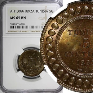 Tunisia Ali III  AH1309//1892 A 5 Centimes NGC MS65 BN TOP GRADED KM# 221 (048) - Picture 1 of 4