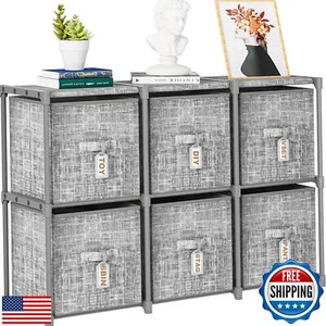 LUKYTOWER Cube Storage Organizer Shelf with 6 Printed Bins + Labels, Cubby St - Picture 1 of 5