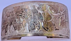 Cuff Sterling Silver Asain Etched Flower Vintage Bracelet Fine Large Japanese  - Picture 1 of 11