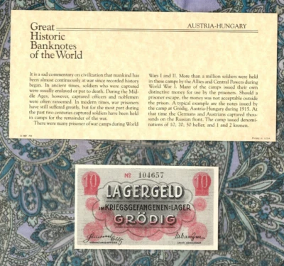 Great Historic Banknotes 1915 WWI Austria-Hungary Grodig 10 Heller POW Camp Unc - Image 1 of 3