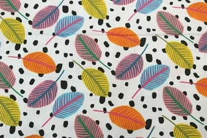 ~100 % Cotton fabric ~ White with multicolored leaves & black dots ~ BTY - Picture 1 of 2
