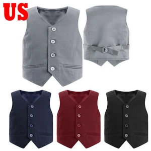 Boys 4-Button Formal Suit Vest V-Neck Waistcoat Wedding Prom Party Dress up - Picture 1 of 57