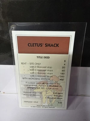 Monopoly Simpsons 2003 Spare parts.  Cletus' Shack property card - Image 1 of 2