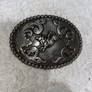 Nocona Silver Tone Rodeo Bull Riding Cowboy Western Belt Buckle - Picture 1 of 2