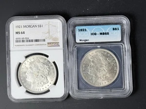 1921 Morgan Silver Dollars, two Morgans graded Ms65 & Ms64, free shipping - Picture 1 of 2
