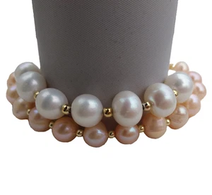 Double Rows AAA+ South Sea White Multi-Color Pearl Bracelet 7.5-8" 14k Gold P - Picture 1 of 9