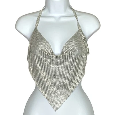 Top halter de malla plateada con cuello y capucha para mujer fiesta festival sin marca  Foto 1 de 4