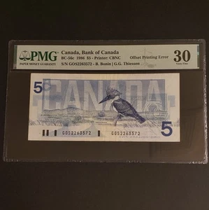 RARE OFFSET PRINTING ERROR 1986 Bank of Canada $5 Banknote. PMG Graded. - Picture 1 of 2