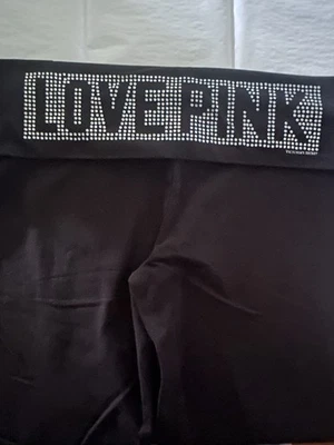 Victoria’s Secret PINK Women’s Large Yoga Crop Pant Black Embellished Fold Over - Image 1 of 4