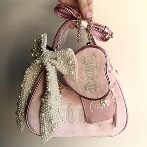 Juicy Couture Pink Pearls Shoulder Bag Handbag Purse Wristlet Bow Charm 2 Set - Picture 1 of 7