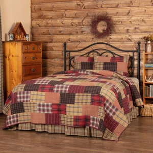 Rustic King Quilt Set Red Patchwork Wyatt Cotton Plaid Bedroom Decor VHC Brands - Picture 1 of 7