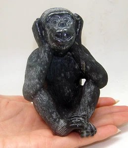 HandMade Natural BURMA BLACK JADE Monkey Hear No Evil Figurine Carving Statue - Picture 1 of 6