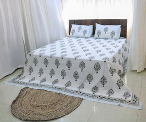 Indian Pure Cotton Floral Print Bed Sheet Hand Block Decor Bed Cover Pillow Set - Picture 1 of 10