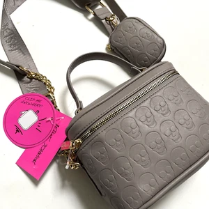 NWT BETSEY JOHNSON Embossed Skull Crossbody + Pouch Grey Top Handle Skulls - Picture 1 of 9